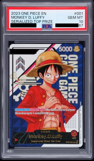 PSA 10 gegradeerde 2023 One Piece Card Game Monkey D. Luffy serialized top prize kaart