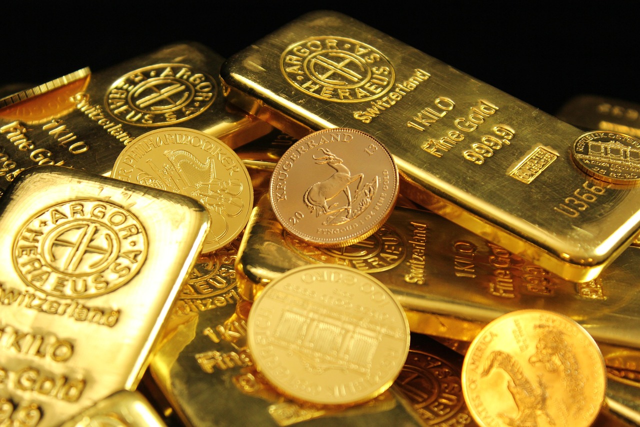 Gouden baren en gouden munten waaronder Krugerrand en Wiener Philharmoniker