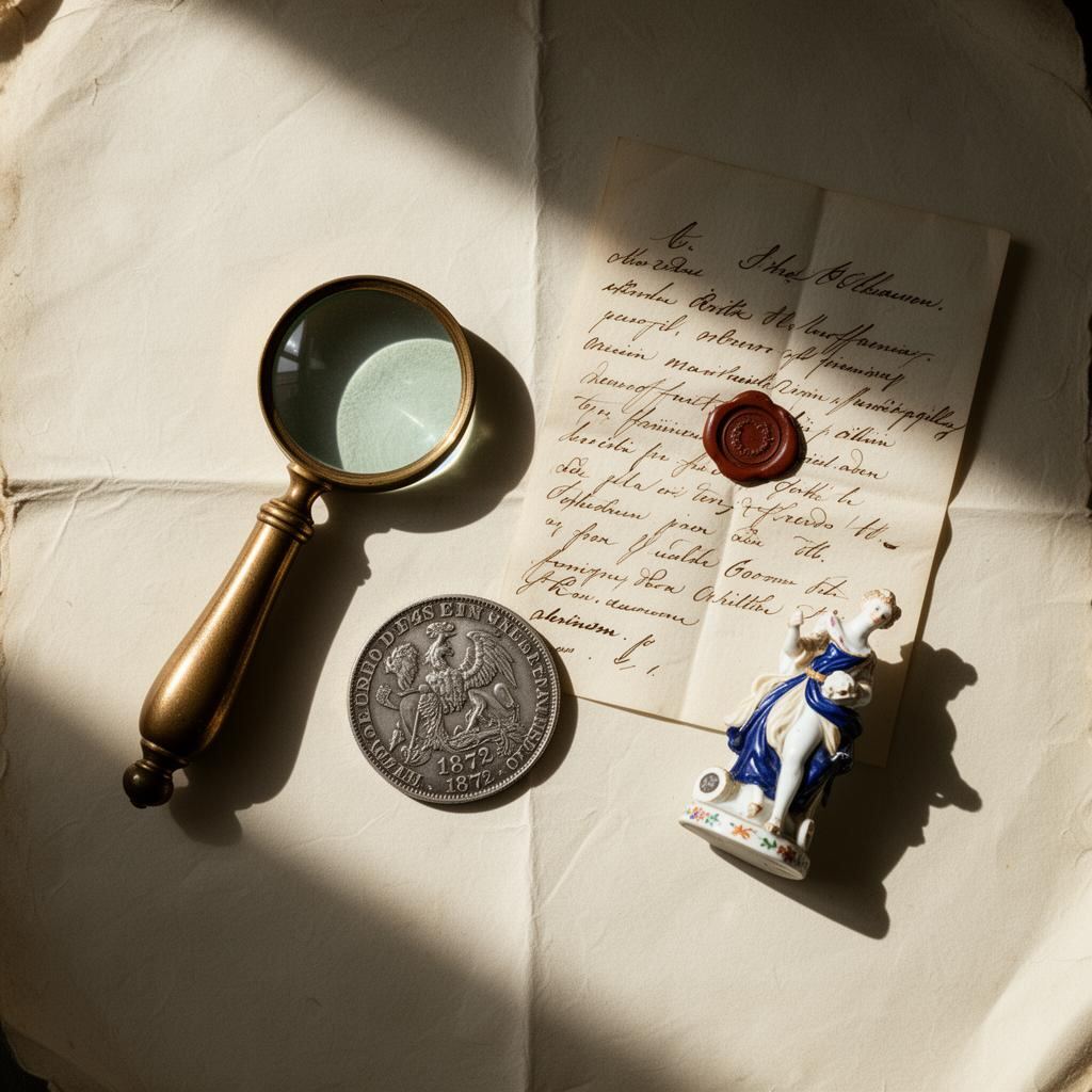 Loupe, zilveren rijksdaalder, brief met lakzegel en Meissen-figurine op parchment