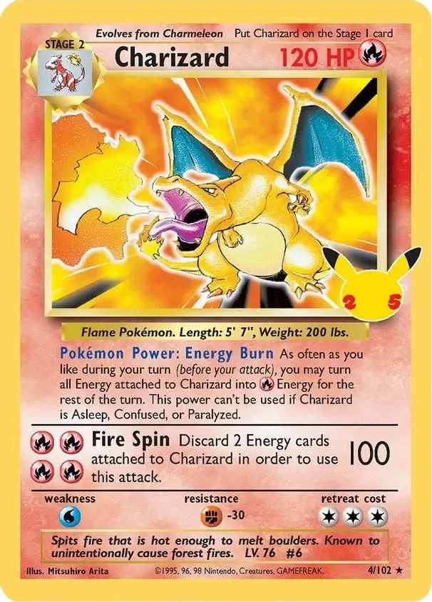Charizard Pokémonkaart, jubileumeditie met Pikachu icoon