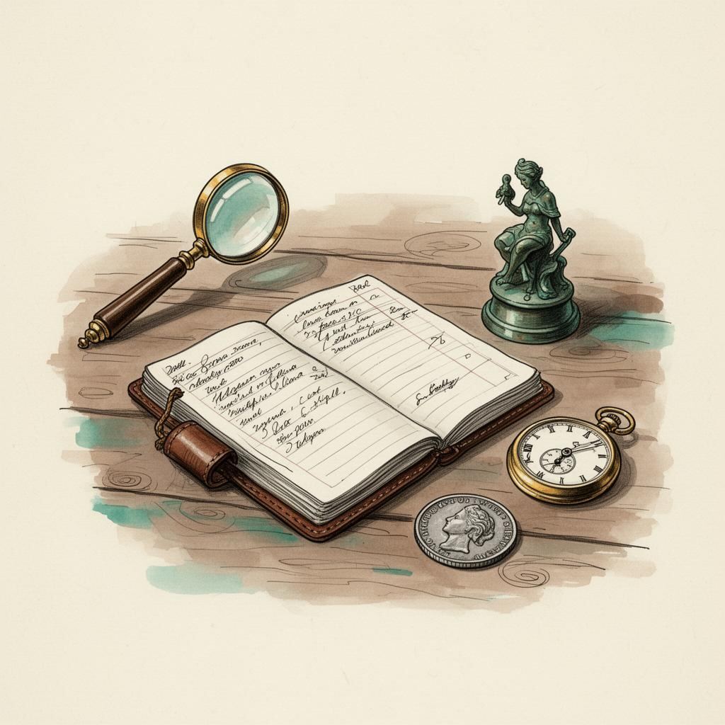 Hand-getekende illustratie van een loupe op een grootboek met porseleinen figurine, munt en verzegelde brief