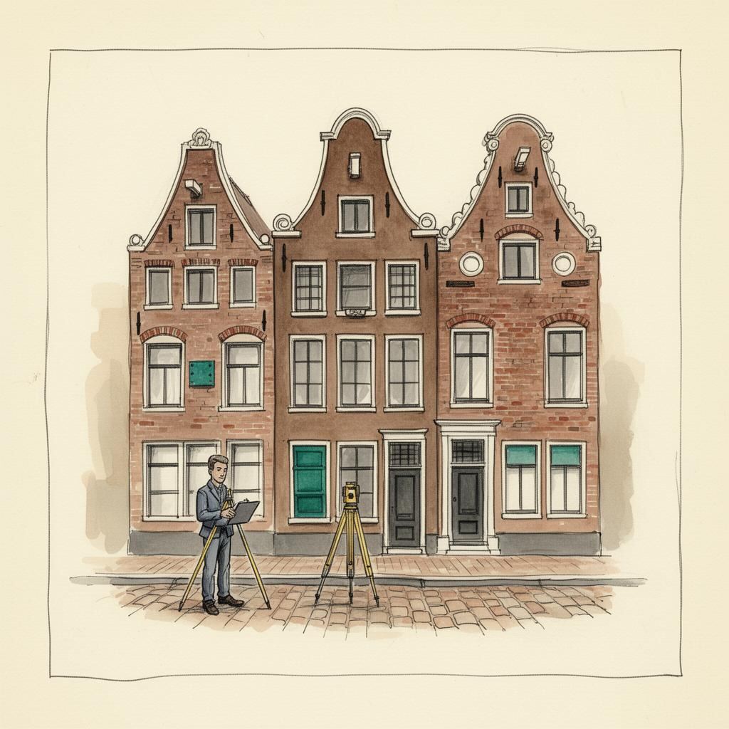 Hand-getekende illustratie van Nederlandse grachtenpanden met taxateur en meetstatief